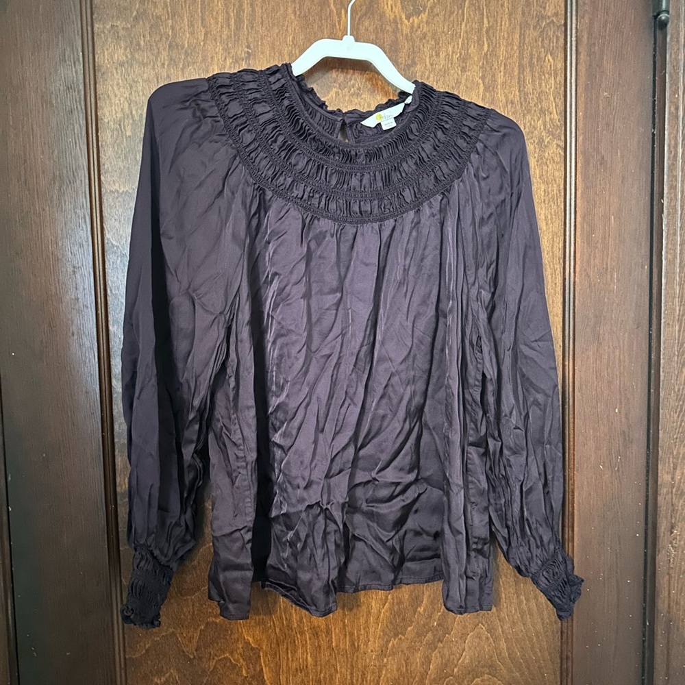 Boden Purple Smocked Yoke Detail Satin Top Size 12 - Picture 2 of 5